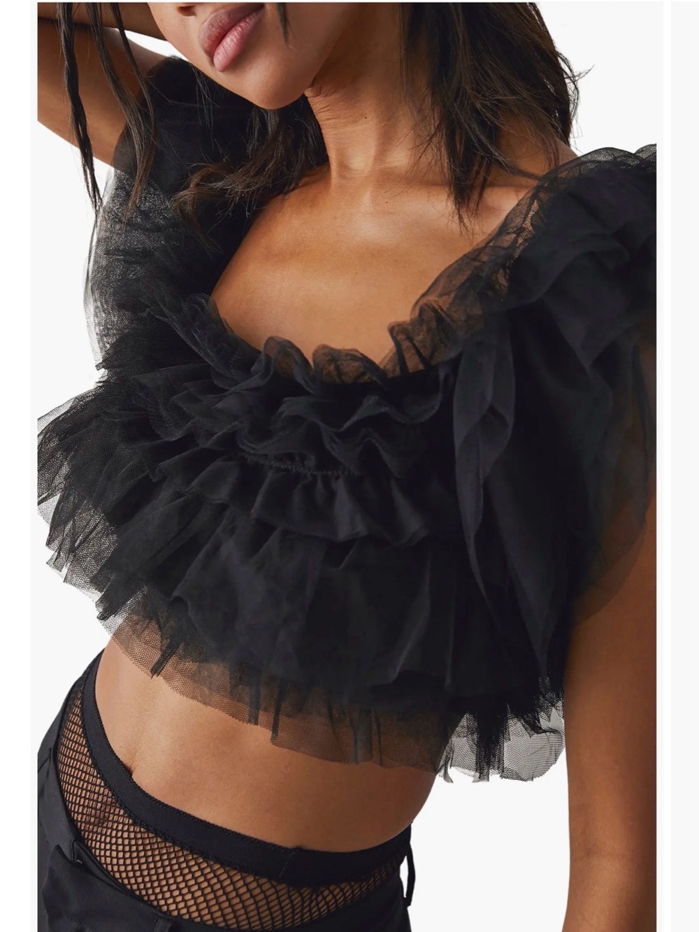 Free People Black Ruffled Tulle Crop Top